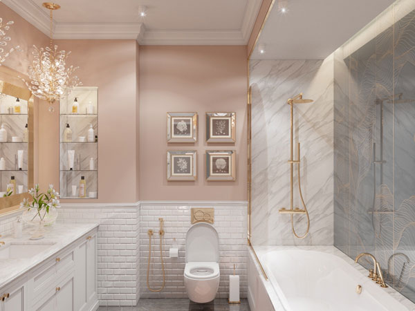 Căn phòng tắm màu hồng với những họa tiết độc đáo bằng vàng